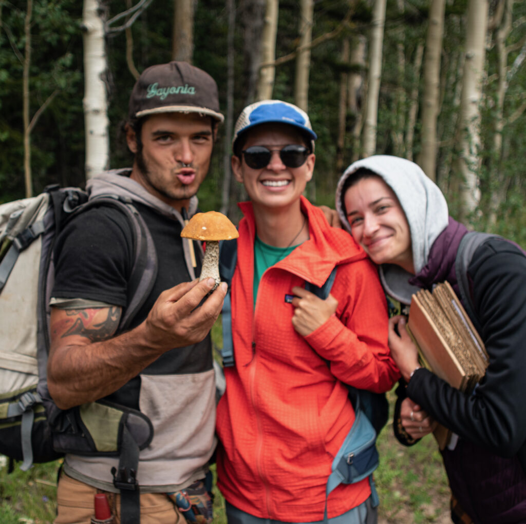 Ecology program participants with a Leccinum insigne mushroom (aspen bolete). This mushroom is one that is considered edible for some people, while some people report having upset stomachs after eating them. We think that many people undercook these mushrooms—we tend to boil them first, then fry them. Aspen boletes are plentiful in western Colorado in July and August.