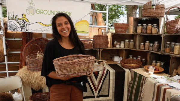 showing off a finished willow basket