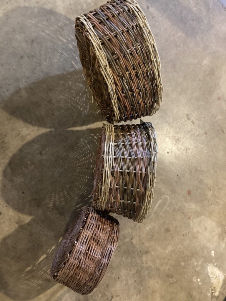 three baskets woven with french randing techniques