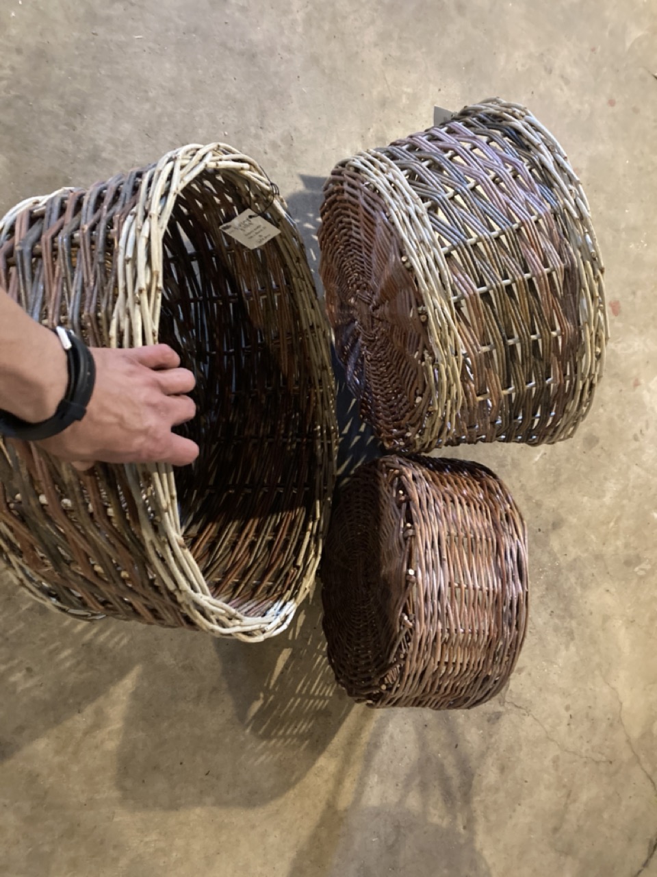 three large willow baskets with double french rands