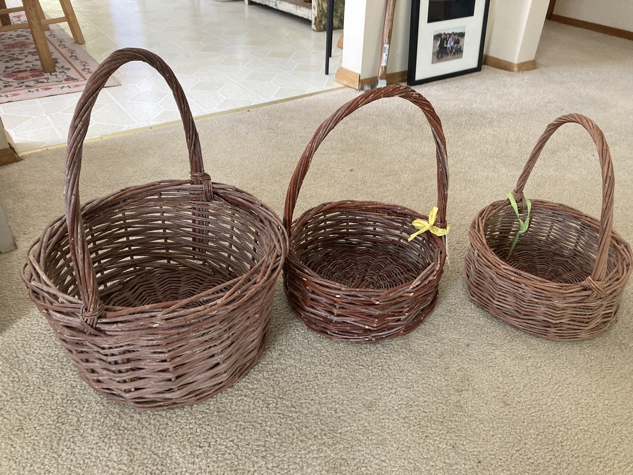 three willow baskets with handles and french rands